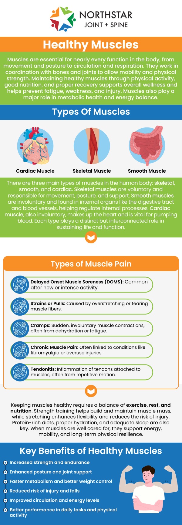 Muscles play a vital role in supporting the body, enabling movement, and maintaining posture. They are essential for daily activities, from lifting to walking, and help protect bones and joints from strain. Strengthening muscles through exercise can improve flexibility, reduce pain, and enhance overall well-being. For personalized care and muscle health, visit Northstar Joint and Spine to keep your muscles strong and functioning well. For more information, contact us today or schedule an appointment online. We are conveniently located at 7704 San Jacinto Pl Suite #200 Plano, TX 75024. Muscles play a vital role in supporting the body, enabling movement, and maintaining posture. They are essential for daily activities, from lifting to walking, and help protect bones and joints from strain. Strengthening muscles through exercise can improve flexibility, reduce pain, and enhance overall well-being. For personalized care and muscle health, visit Northstar Joint and Spine to keep your muscles strong and functioning well. For more information, contact us today or schedule an appointment online. We are conveniently located at 7704 San Jacinto Pl Suite #200 Plano, TX 75024.