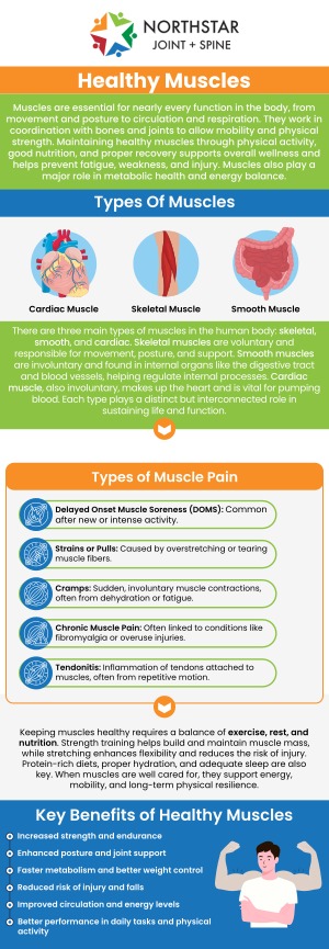 Muscles play a vital role in supporting the body, enabling movement, and maintaining posture. They are essential for daily activities, from lifting to walking, and help protect bones and joints from strain. Strengthening muscles through exercise can improve flexibility, reduce pain, and enhance overall well-being. For personalized care and muscle health, visit Northstar Joint and Spine to keep your muscles strong and functioning well. For more information, contact us today or schedule an appointment online. We are conveniently located at 7704 San Jacinto Pl Suite #200 Plano, TX 75024. Muscles play a vital role in supporting the body, enabling movement, and maintaining posture. They are essential for daily activities, from lifting to walking, and help protect bones and joints from strain. Strengthening muscles through exercise can improve flexibility, reduce pain, and enhance overall well-being. For personalized care and muscle health, visit Northstar Joint and Spine to keep your muscles strong and functioning well. For more information, contact us today or schedule an appointment online. We are conveniently located at 7704 San Jacinto Pl Suite #200 Plano, TX 75024.