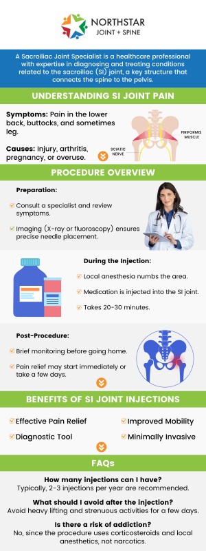 The duration of sacroiliitis varies depending on the underlying cause and the effectiveness of treatment. In many cases, with appropriate care, symptoms may improve within a few weeks to months. However, for chronic or severe cases, sacroiliitis may persist longer and require ongoing management to control pain and inflammation. Board-Certified Dr. Robert J. Nocerini, MD, at Northstar Joint and Spine provides personalized treatment plans to help manage sacroiliitis and improve quality of life. For more information, please contact us today or schedule an appointment online. We are conveniently located at 7704 San Jacinto Pl Suite #200 Plano, TX 75024.