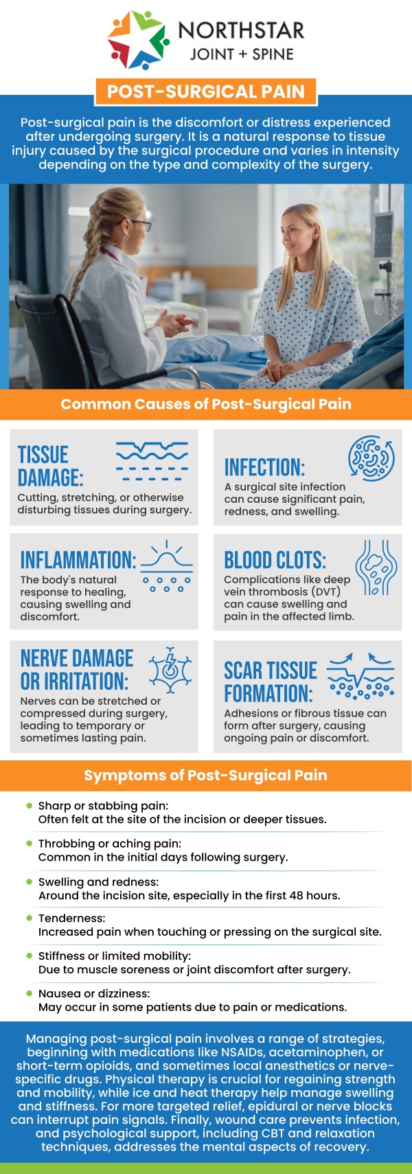 Post-surgical pain syndrome describes ongoing pain that continues well beyond the normal healing timeline after a surgical procedure and may be linked to nerve sensitivity, scar tissue formation, or changes in how surrounding tissues heal. This persistent discomfort can interfere with daily activities, sleep, and overall quality of life when it does not resolve on its own. At Northstar Joint and Spine in Plano, TX, Board Certified Dr. Robert J. Nocerini, MD, offers specialized, non-surgical care to evaluate the source of post-surgical pain syndrome and develop personalized treatment plans focused on improving comfort, function, and long-term recovery. For more information, contact us today or schedule an appointment online. We are conveniently located at 7704 San Jacinto Pl Suite #200 Plano, TX 75024.