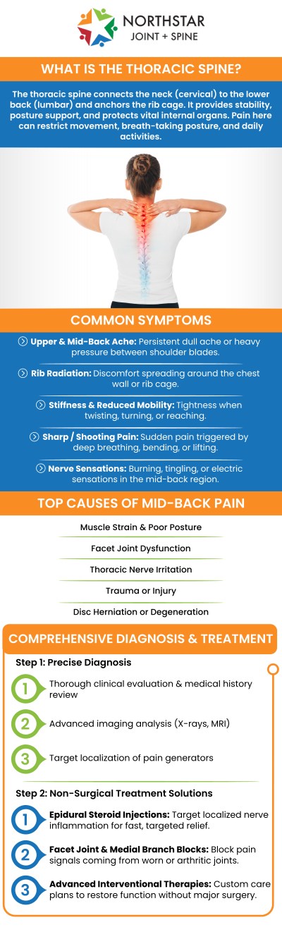 Patients seeking thoracic spine pain treatment in Plano, TX, can receive personalized care from board-certified Dr. Robert J. Nocerini, MD, at Northstar Joint & Spine. He evaluates symptoms such as middle back pain, stiffness, muscle tightness, and discomfort that may spread around the ribs. Treatment recommendations are tailored to each patient’s diagnosis, medical history, symptom severity, and daily functional needs. For more information, contact us today or schedule an appointment online. We are conveniently located at 7704 San Jacinto Pl Suite 200 Plano, TX 75024. Patients seeking thoracic spine pain treatment in Plano, TX, can receive personalized care from board-certified Dr. Robert J. Nocerini, MD, at Northstar Joint & Spine. He evaluates symptoms such as middle back pain, stiffness, muscle tightness, and discomfort that may spread around the ribs. Treatment recommendations are tailored to each patient’s diagnosis, medical history, symptom severity, and daily functional needs. For more information, contact us today or schedule an appointment online. We are conveniently located at 7704 San Jacinto Pl Suite 200 Plano, TX 75024.
